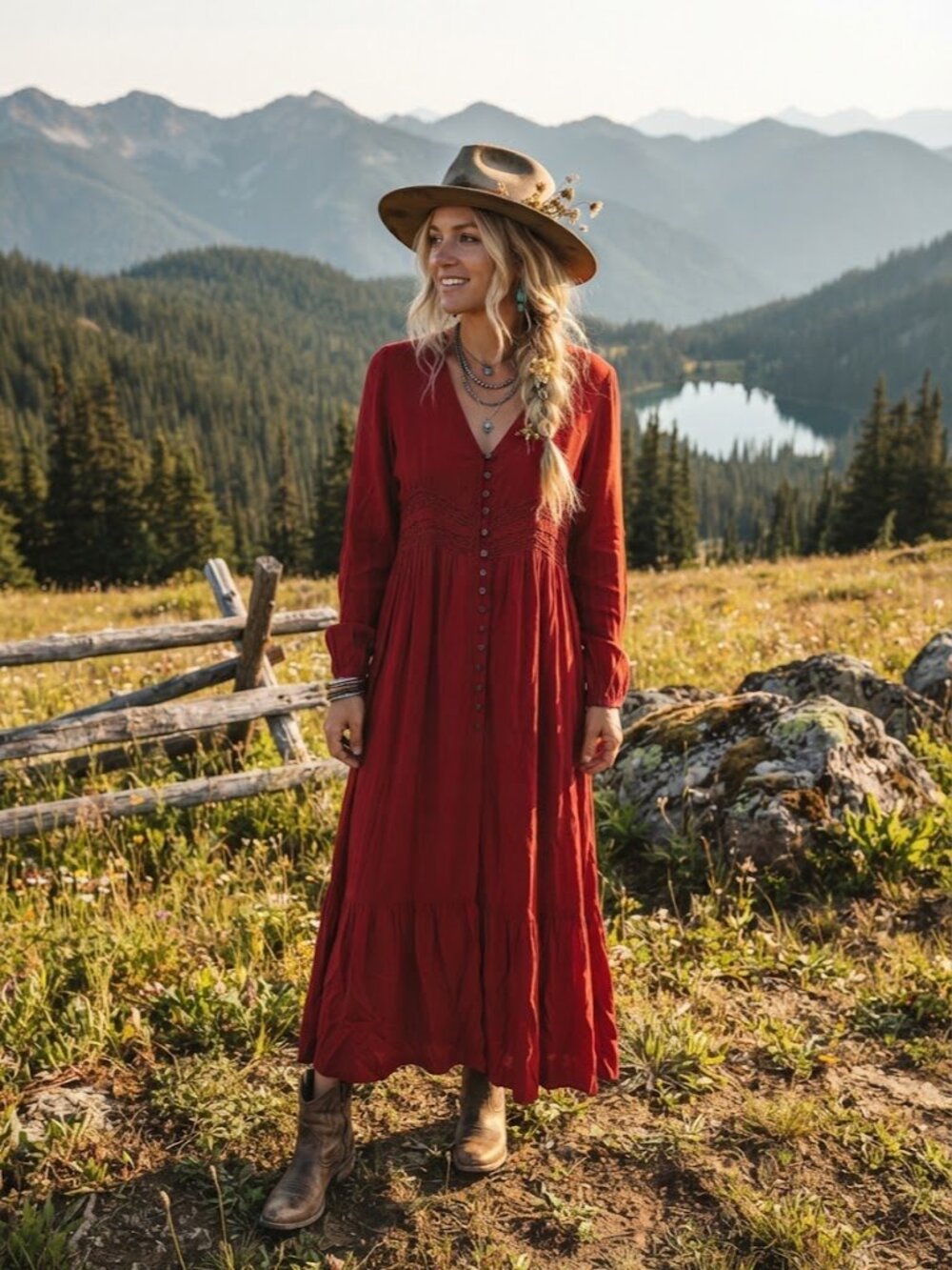 Red Boho Peasant Maxi Dress with Lace Accents - Size Medium